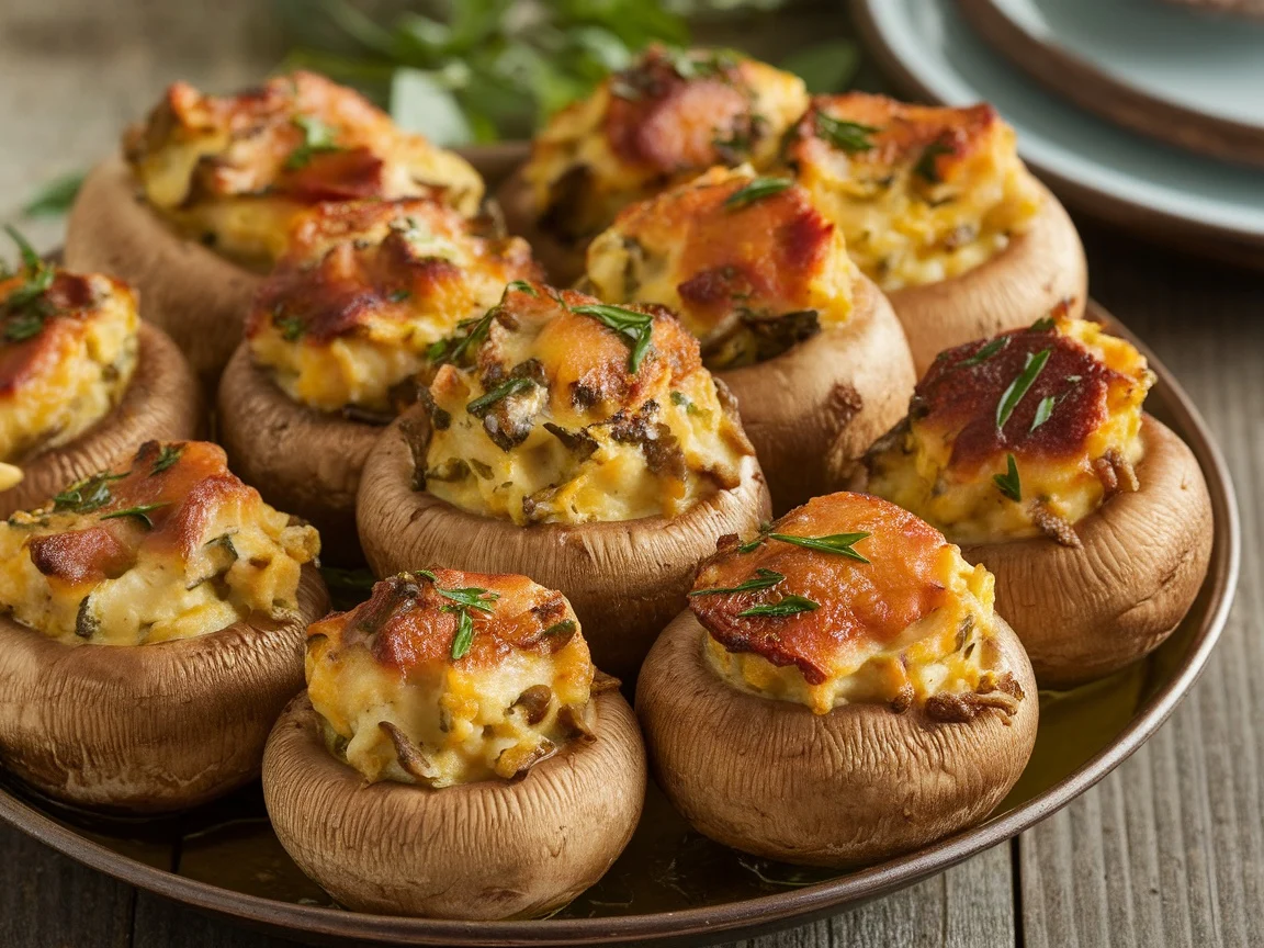 A delicious platter of stuffed smoked mushrooms with a rich herby filling, garnished with herbs, on a rustic wooden table.