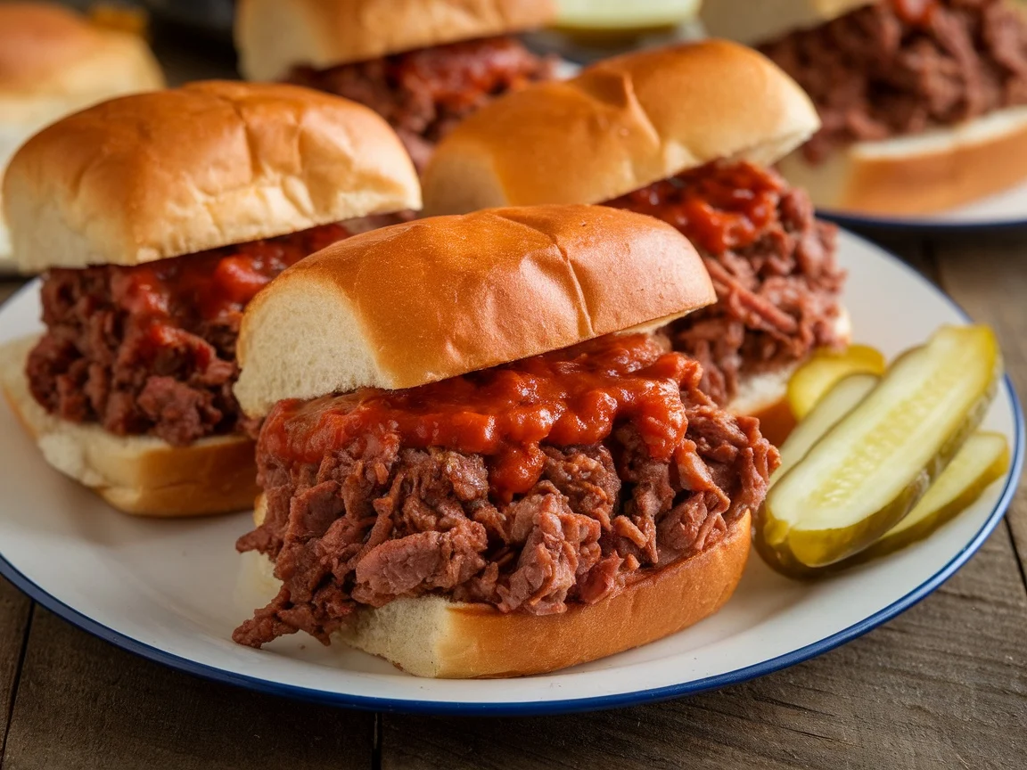Smoky sloppy joes on toasted buns garnished with pickles, on a rustic wooden table.