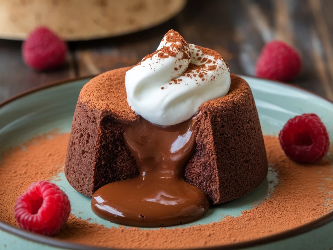 A molten chocolate lava cake with a gooey center, garnished with yogurt and raspberries on a rustic table.