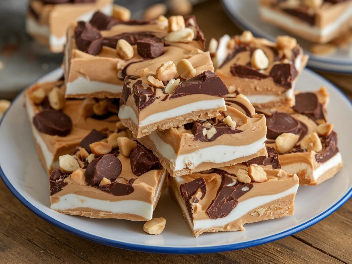 Smoked peanut butter cup yogurt bark pieces on a plate, topped with chocolate and crushed peanuts.