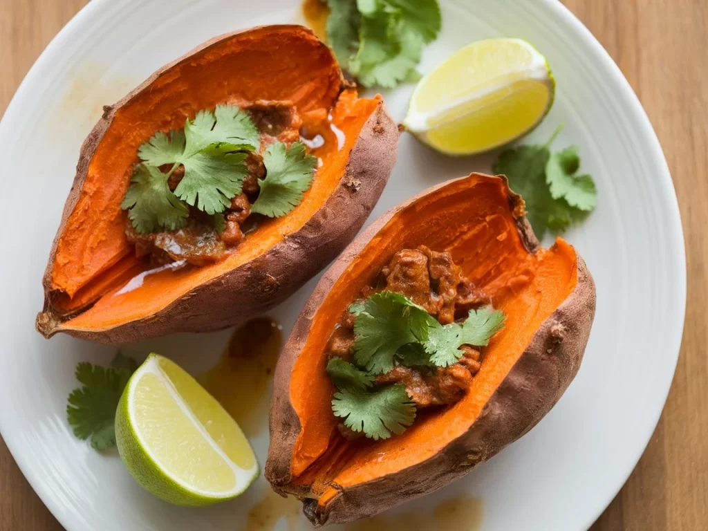 Smoked Sweet Potato Halves with Chipotle Butter Smoked sweet potato halves drizzled with chipotle butter, garnished with cilantro and lime, on a rustic wooden table.
